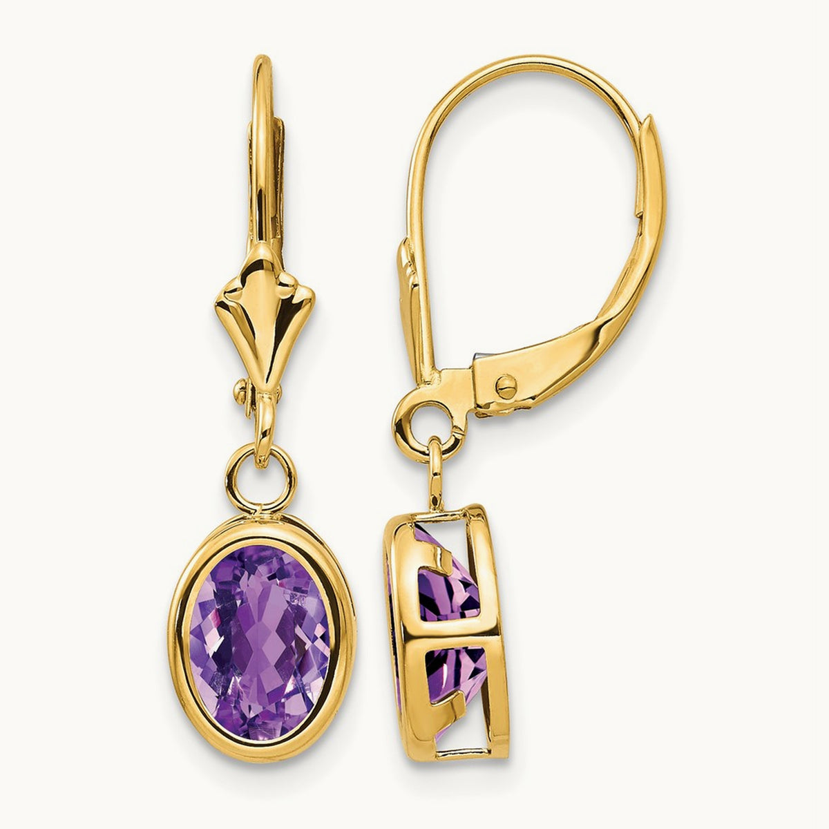 Oval Amethyst Leverback Earrings — 14K Yellow Gold, 27mm, 8x6mm