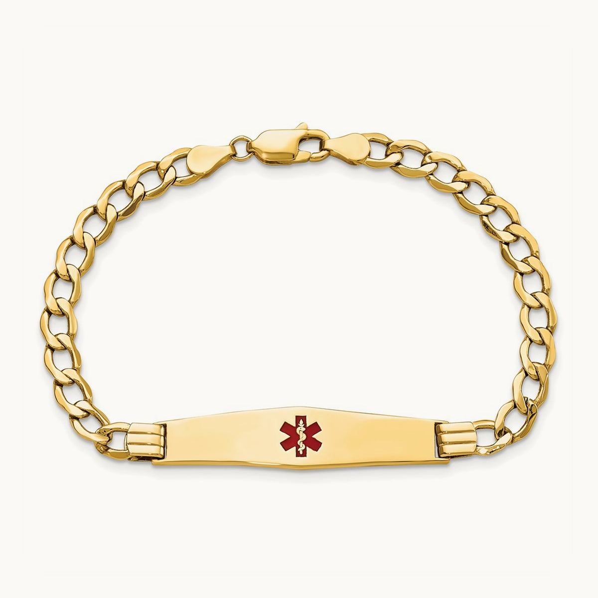 Semi-Solid Medical Soft Diamond Shape Red Enamel Curb ID Bracelet, 14K