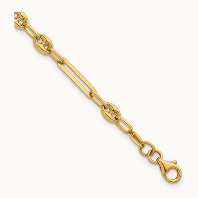 Polished Fancy Mixed Link w/Puffed Mariner 7.5 in Bracelet, 14K