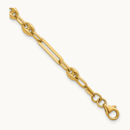 Polished Fancy Mixed Link w/Puffed Mariner 7.5 in Bracelet, 14K