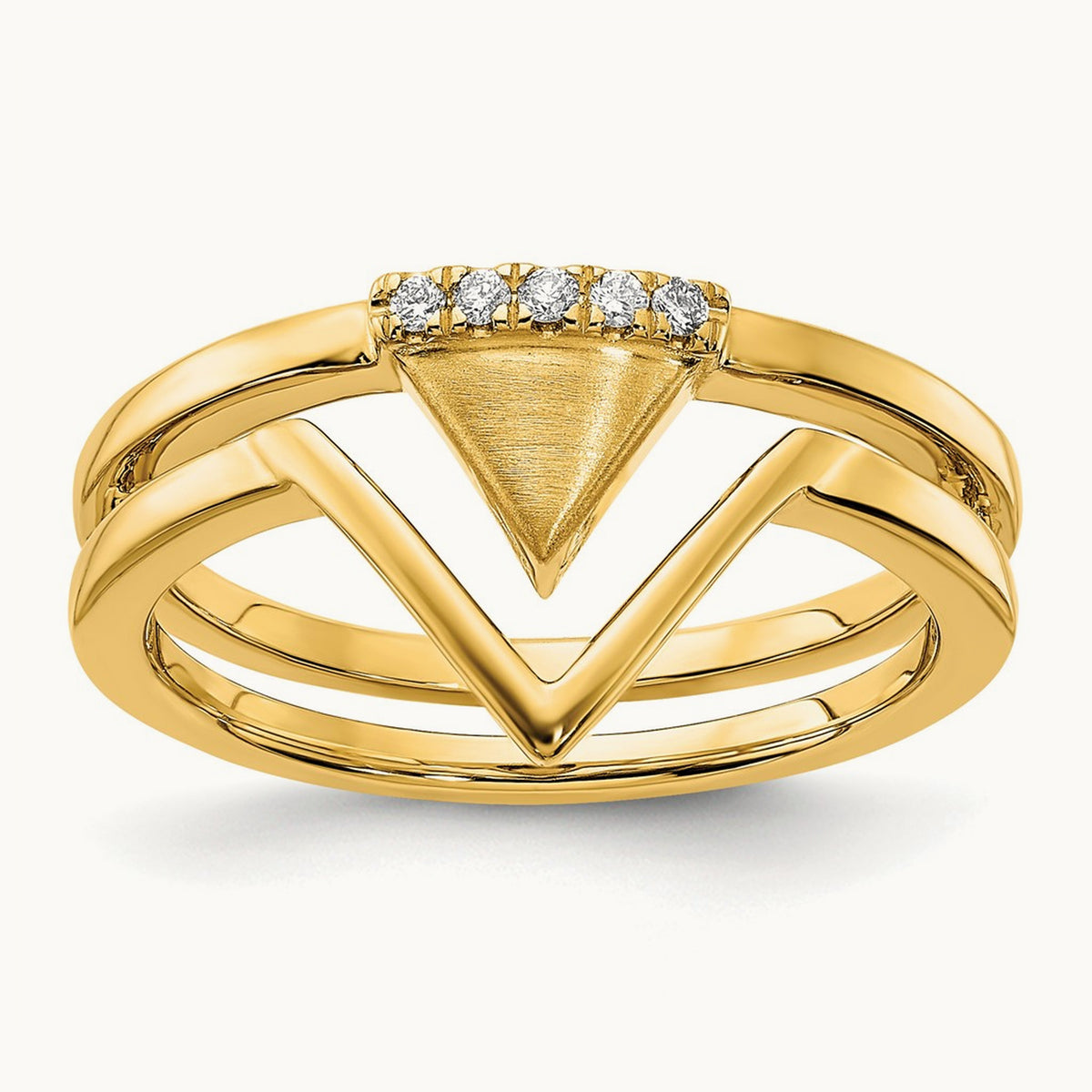 Satin and Polished Diamond Double Triangle Ring, 14K