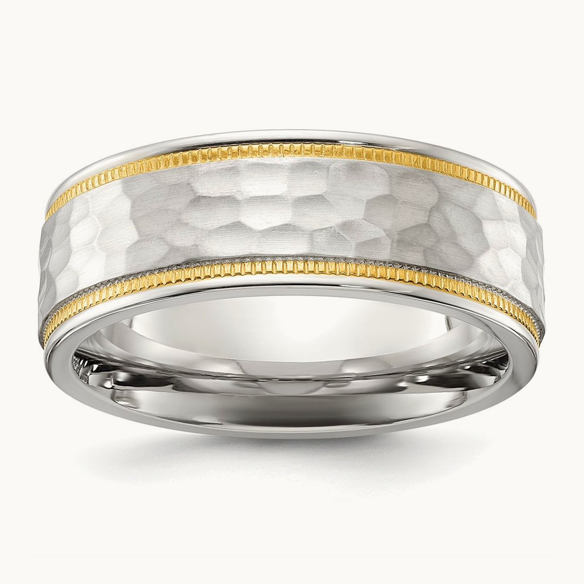 Brushed and Polished Hammered Yellow IP-plated Band, 7mm, Titanium