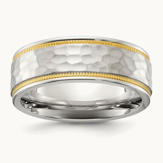 Brushed and Polished Hammered Yellow IP-plated Band, 7mm, Titanium