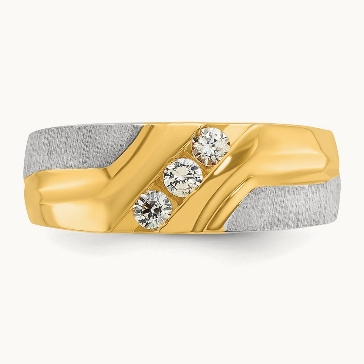 14ktt IBGoodman Men's Polished Satin & Grooved 3-Stone Diamond Ring