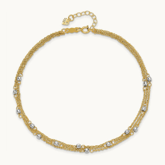 Triple Strand 9in Plus 1in ext. Anklet, 14K Two-tone