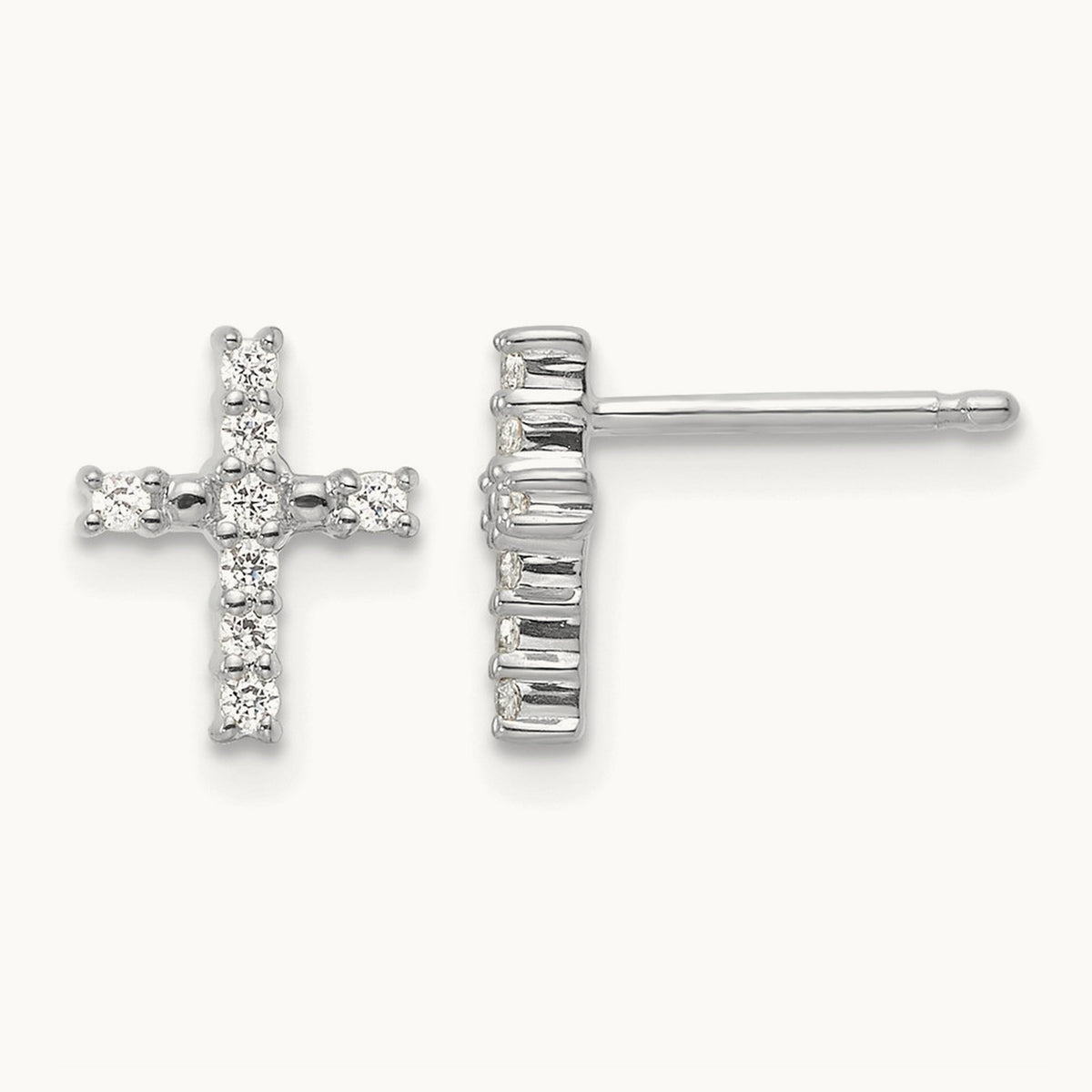 Polished Diamond Cross Post Earrings — 14K White Gold, 9.6mm