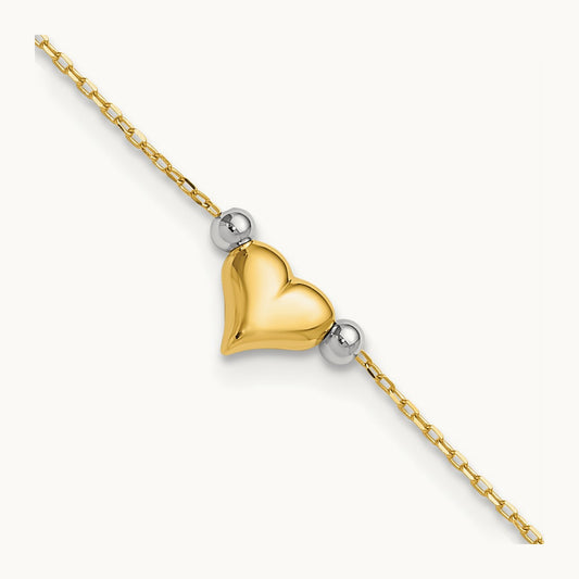 Polished Puffed Heart with Beads 10in Anklet, 14K Two-tone