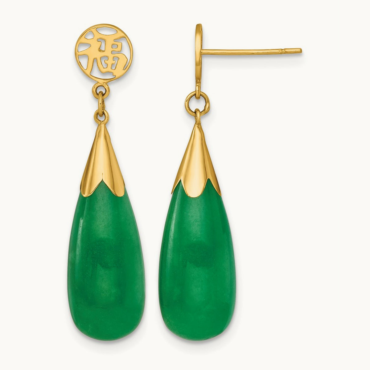 Polished Good Luck Symbol Jade Teardrop Post Dangle Earrings, 14K