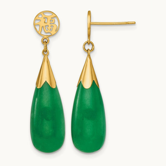 Polished Good Luck Symbol Jade Teardrop Post Dangle Earrings, 14K
