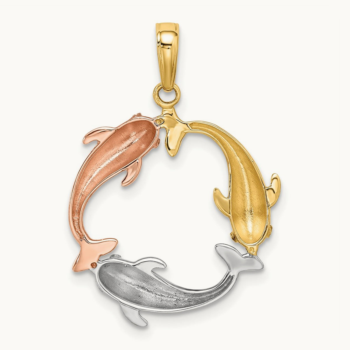 Tri-color Triple Dolphin Circle Pendant, 14K