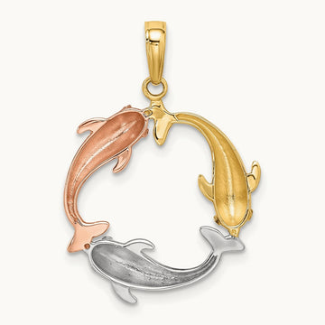 Tri-color Triple Dolphin Circle Pendant, 14K