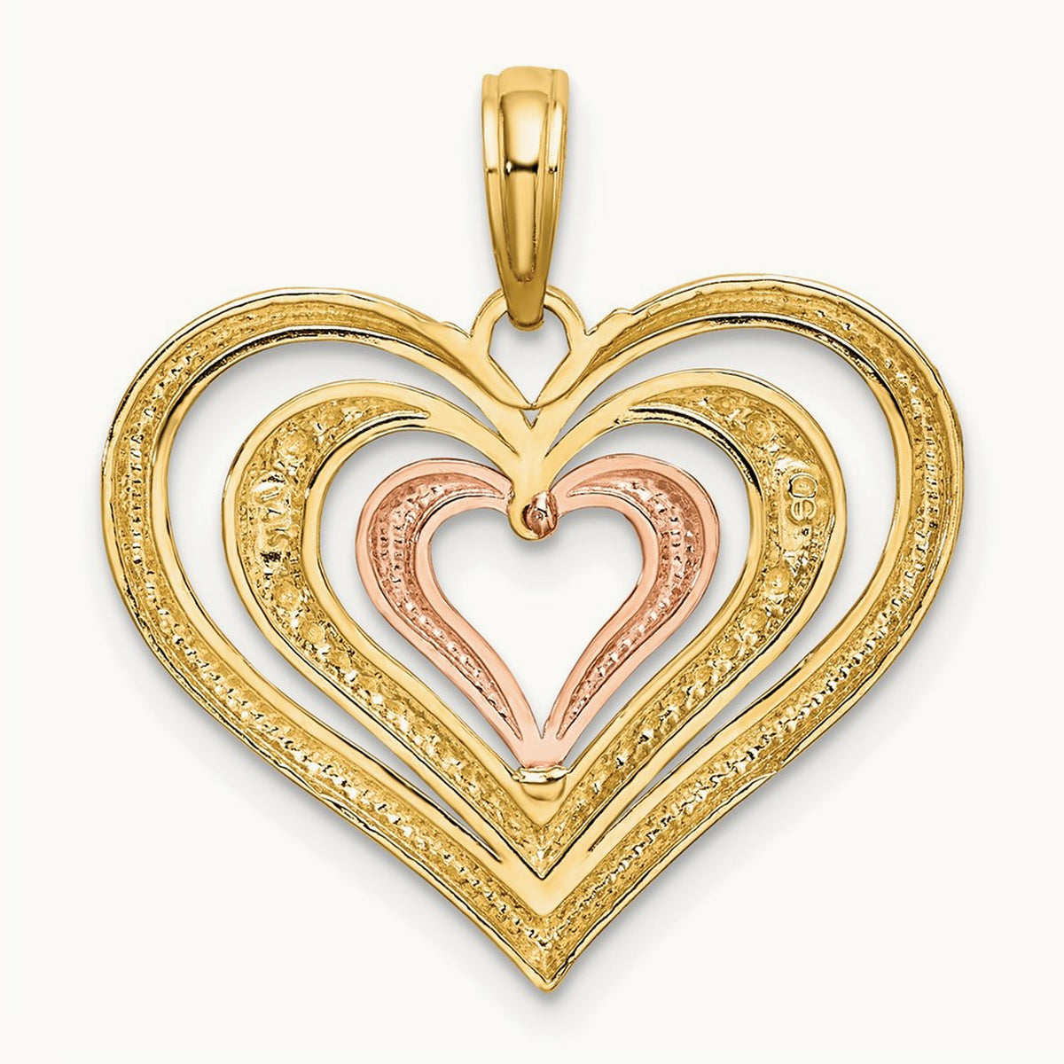 Rhodium Textured and Polished Triple Hearts Charm, 14K Two-tone White