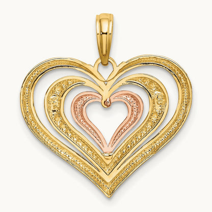 Rhodium Textured and Polished Triple Hearts Charm, 14K Two-tone White