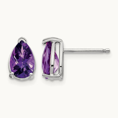 8x5mm Pear Amethyst Checker Earrings, 14K White Gold