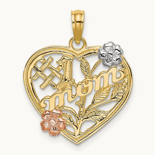 w/White Rhodium #1 MOM Heart w/Flower Charm, 14K Two-tone