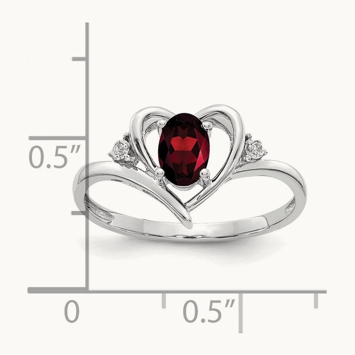 Garnet and Diamond Heart Ring — 14K White Gold, 7