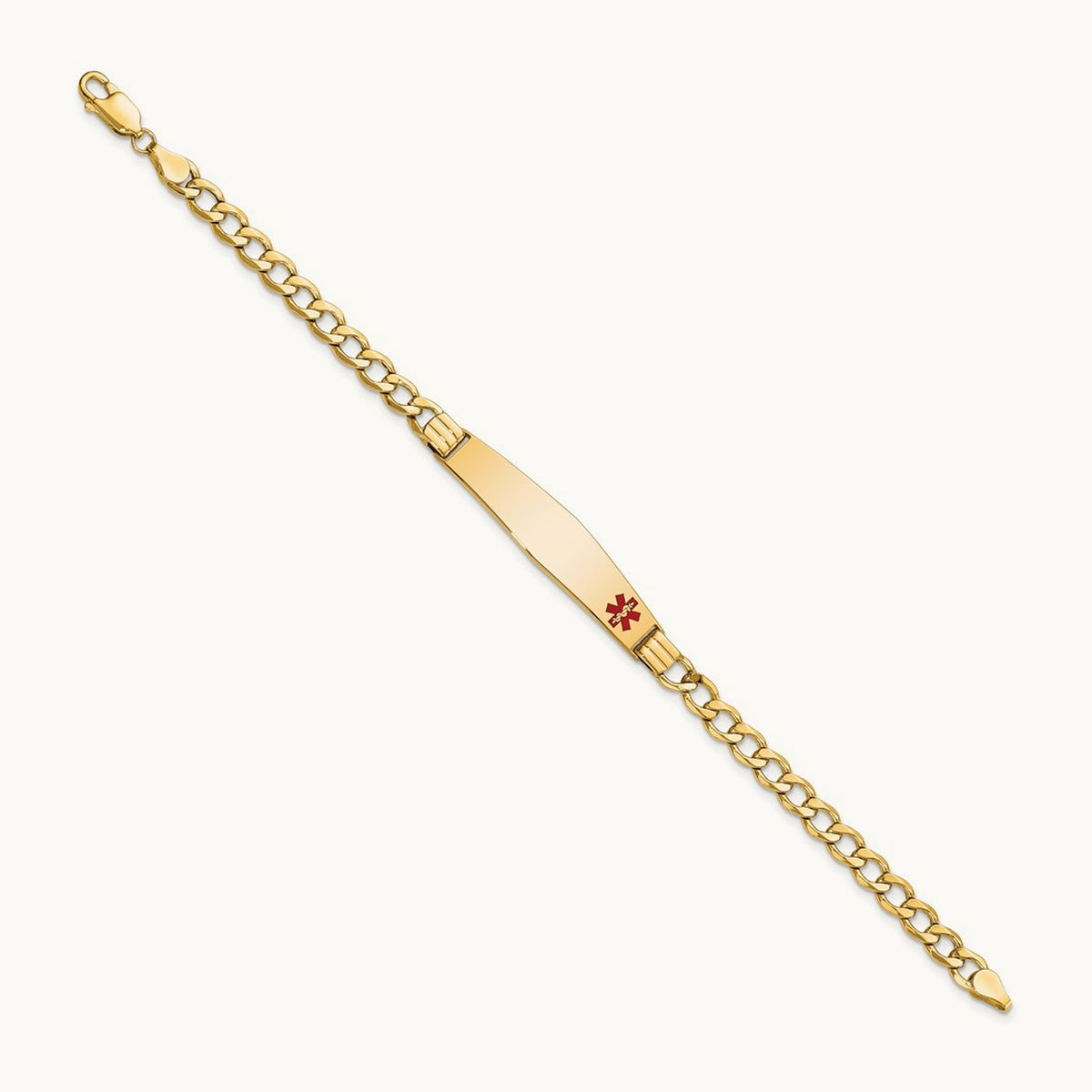 Semi-Solid Medical Soft Diamond Shape Red Enamel Cuban ID Bracelet, 14K