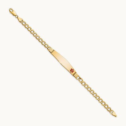 Semi-Solid Medical Soft Diamond Shape Red Enamel Cuban ID Bracelet, 14K
