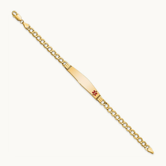 Semi-Solid Medical Soft Diamond Shape Red Enamel Cuban ID Bracelet, 14K