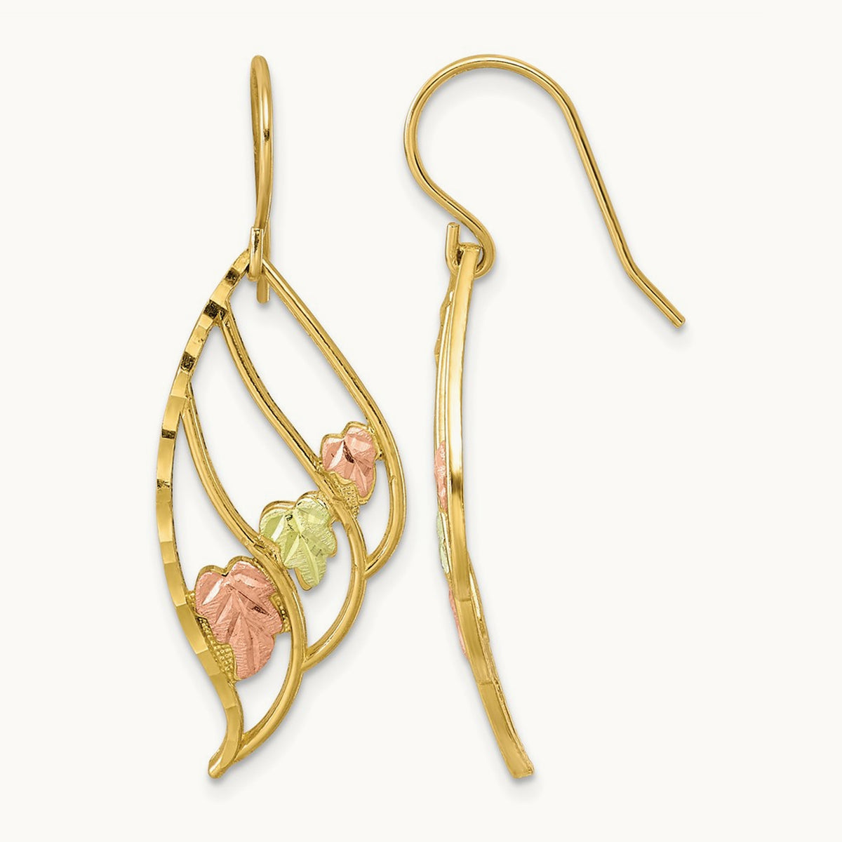 w/12k Accents Black Hills D/C Swirl Leaves Shepherd Hook Earrings, 10K