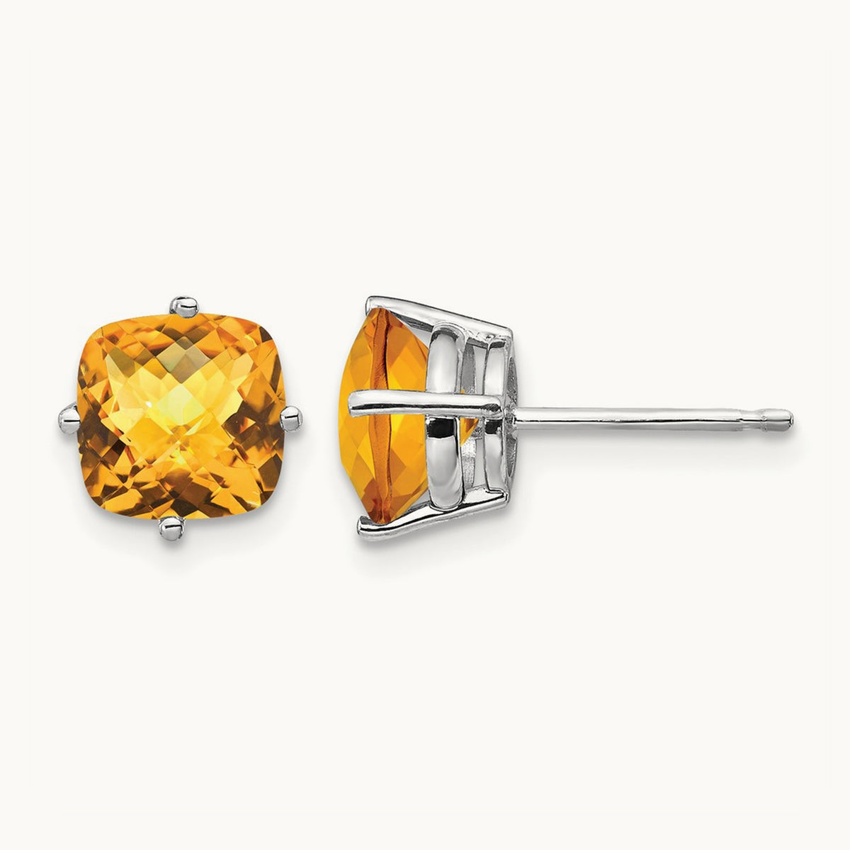 7x7mm Cushion Citrine Checker Earring, 14K White Gold