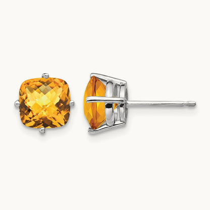 7x7mm Cushion Citrine Checker Earring, 14K White Gold