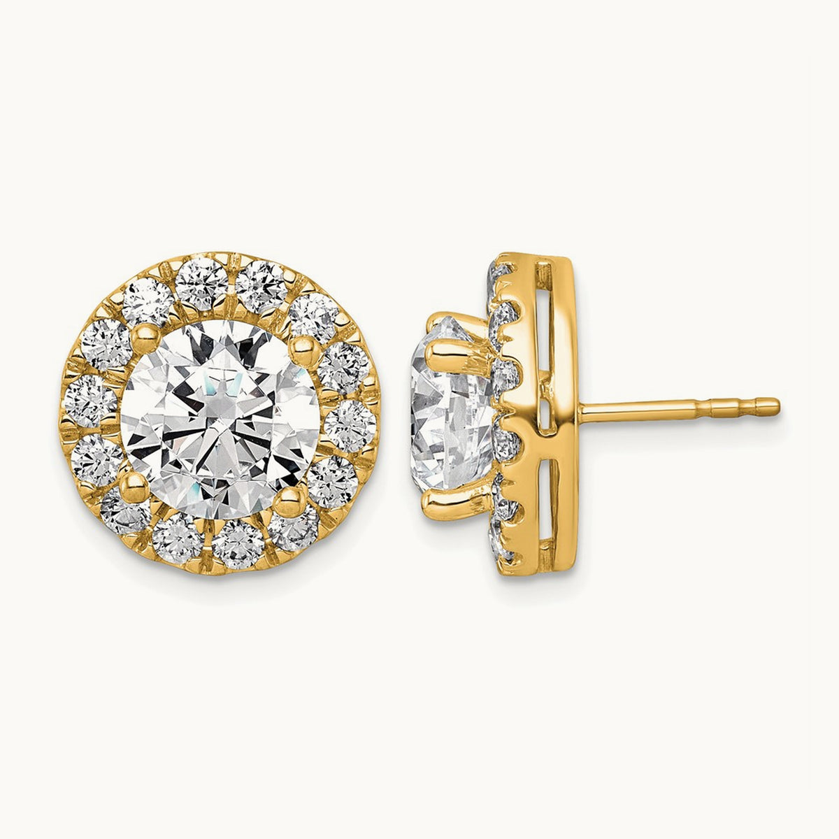 Round Halo Post Earrings, 0.50-7.50 ct tw Lab-Grown Diamond — 7 5/8 ct, 14K Yellow Gold