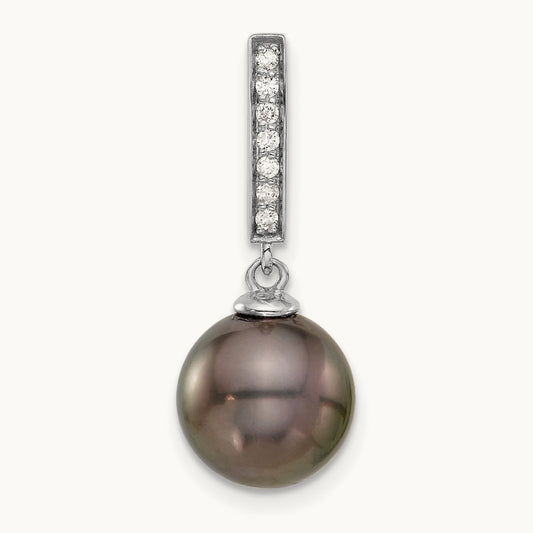 10- Black Tahitian Pearl .07ct Dia Dangle Chain Slide, 11mm, 14K White Gold