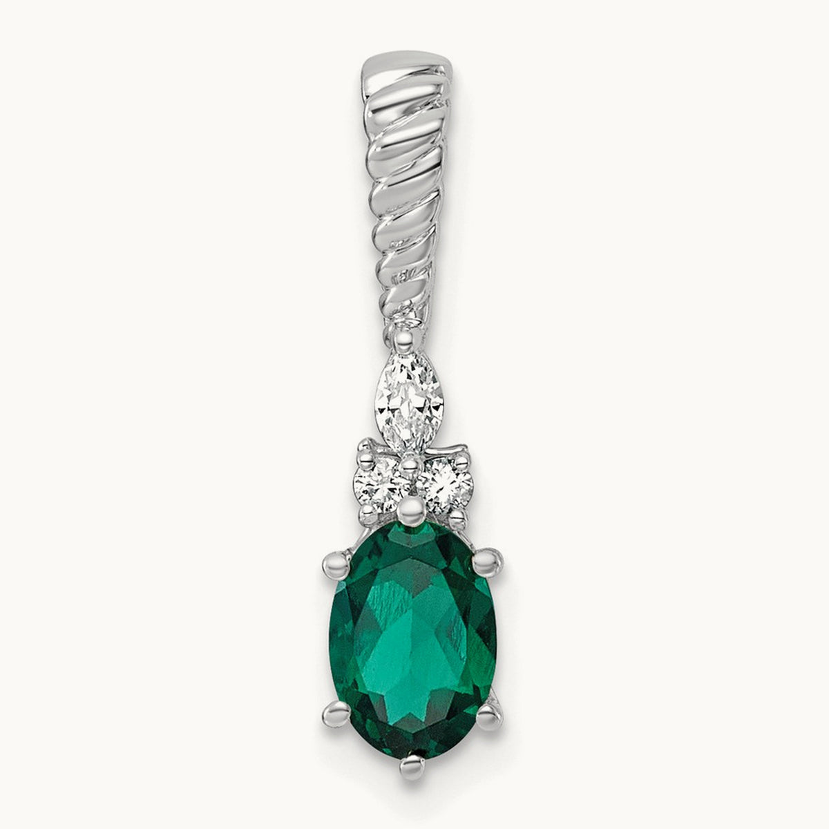 Polish Diamond and Lab Created Emerald Twisted Chain Slide — 14K White Gold
