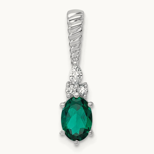 Polish Diamond and Lab Created Emerald Twisted Chain Slide — 14K White Gold