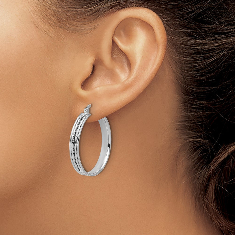 Rhodium-plated Polished and Diamond-cut Round Hoop Earrings — 31x5mm