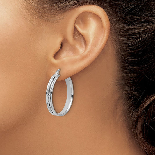 Rhodium-plated Polished and Diamond-cut Round Hoop Earrings — 31x5mm