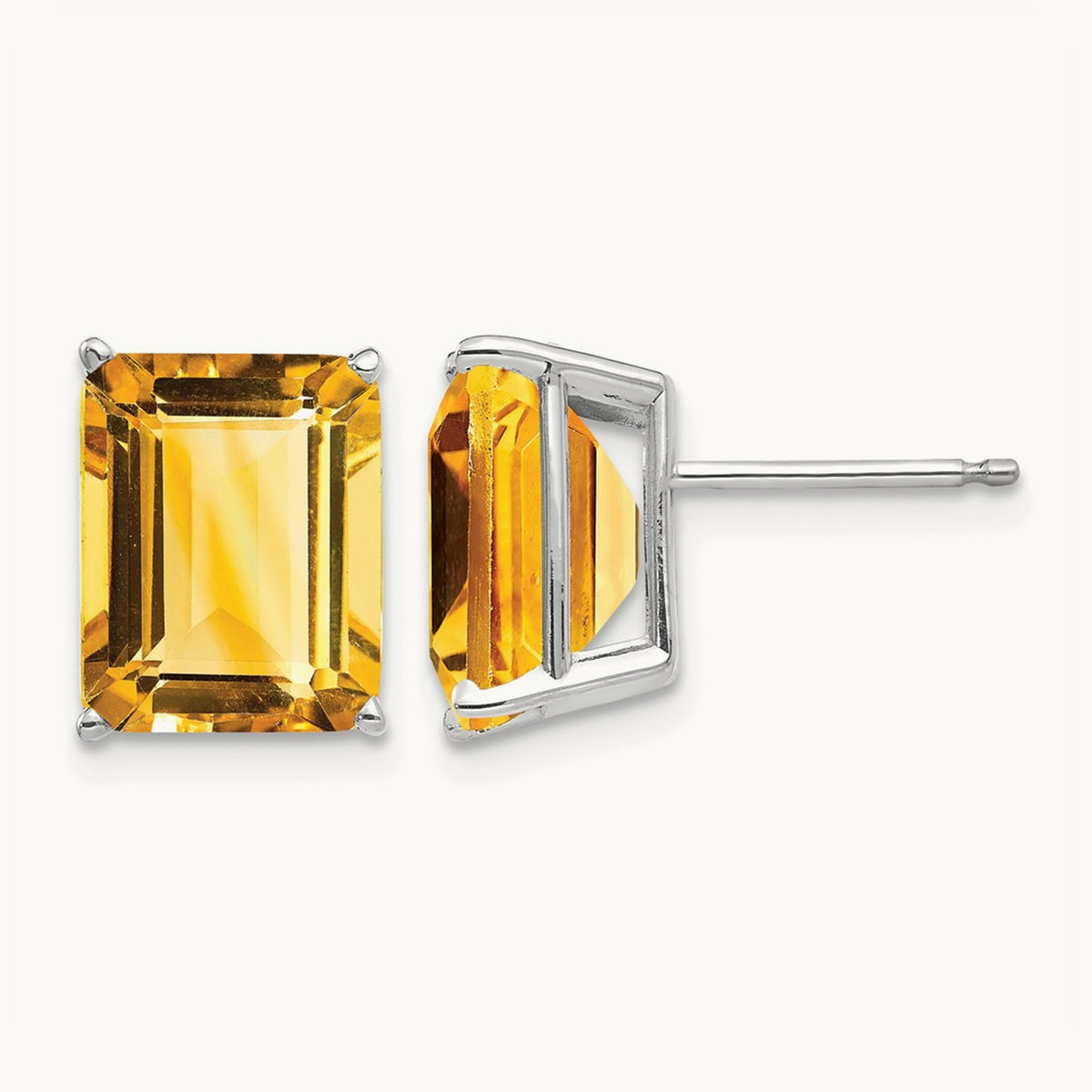10x8 Emerald Cut Citrine Stud Earrings, 14K White Gold