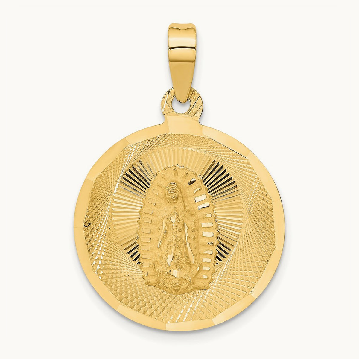 Polished Diamond-cut Lady Of Guadalupe Circle Pendant — 14K Yellow Gold, 33mm