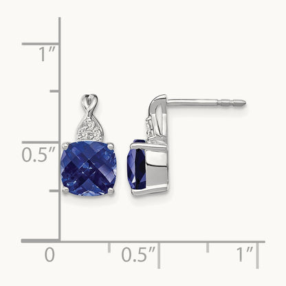 Checkerboard Created Sapphire and Diamond Earrings, 14K White Gold