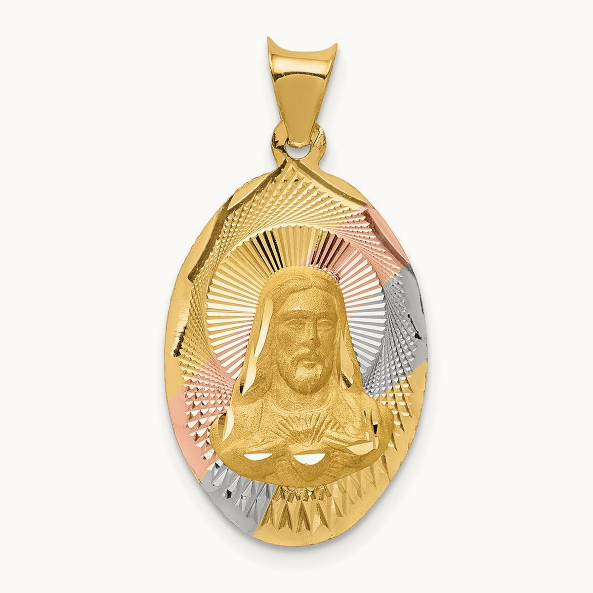 w/Rose and White Rhodium D/C Sagrado Corazon Oval Pendant, 14K