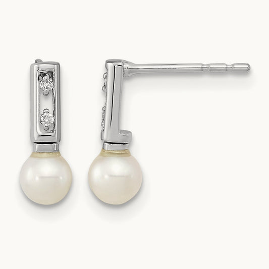 3- White Round FWC Pearl .02ct Diamond Earrings, 4mm, 14K White Gold