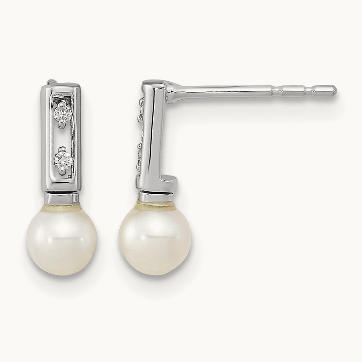 3- White Round FWC Pearl .02ct Diamond Earrings, 4mm, 14K White Gold