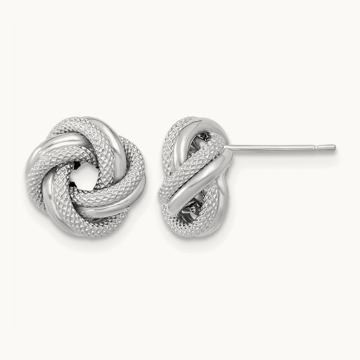 Polished Textured Double Love Knot Post Earrings — 14K White Gold