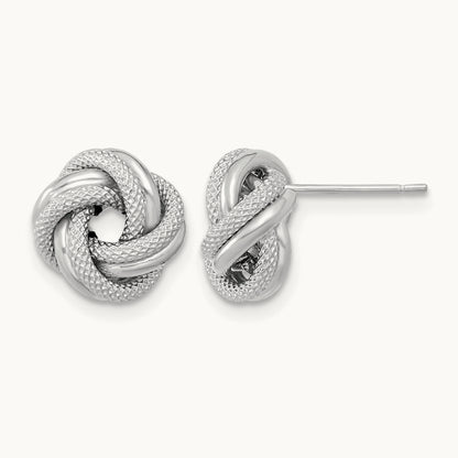 Polished Textured Double Love Knot Post Earrings — 14K White Gold