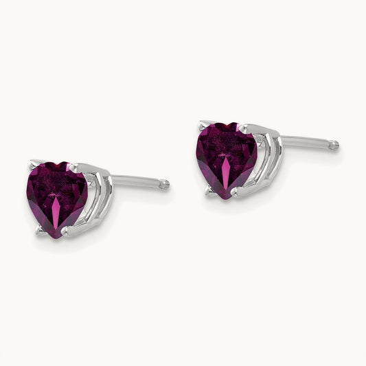 Heart Rhodolite Garnet Earrings, 6mm, 14K White Gold