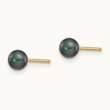 4- Black Round Freshwater Cultured Pearl Stud Post Earrings, 5mm, 14K