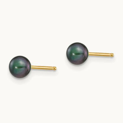 4- Black Round Freshwater Cultured Pearl Stud Post Earrings, 5mm, 14K