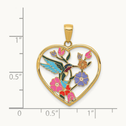 Enameled Hummingbird w/Flowers Heart Pendant, 14K