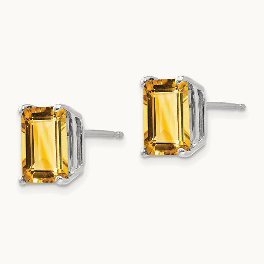 9x7mm Emerald Cut Citrine Earrings, 14K White Gold