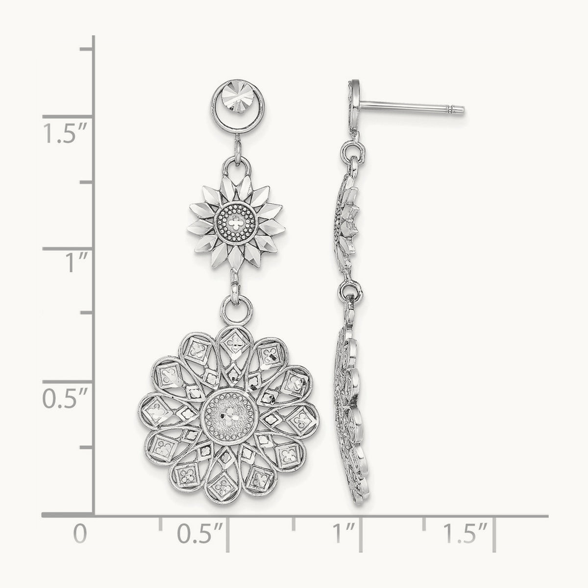 D/C Sunflower Style Double Drop Earrings, 14K White Gold