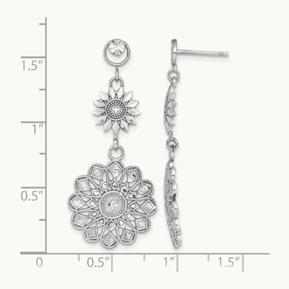 D/C Sunflower Style Double Drop Earrings, 14K White Gold