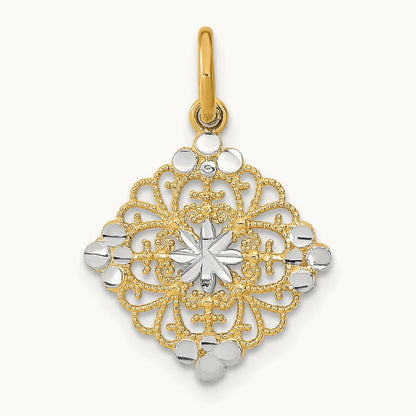 w/Rhodium and D/C Filigree Medallion Charm, 14K