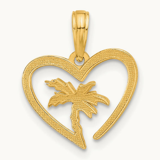 Polished Palm Tree In Heart Pendant, 14K