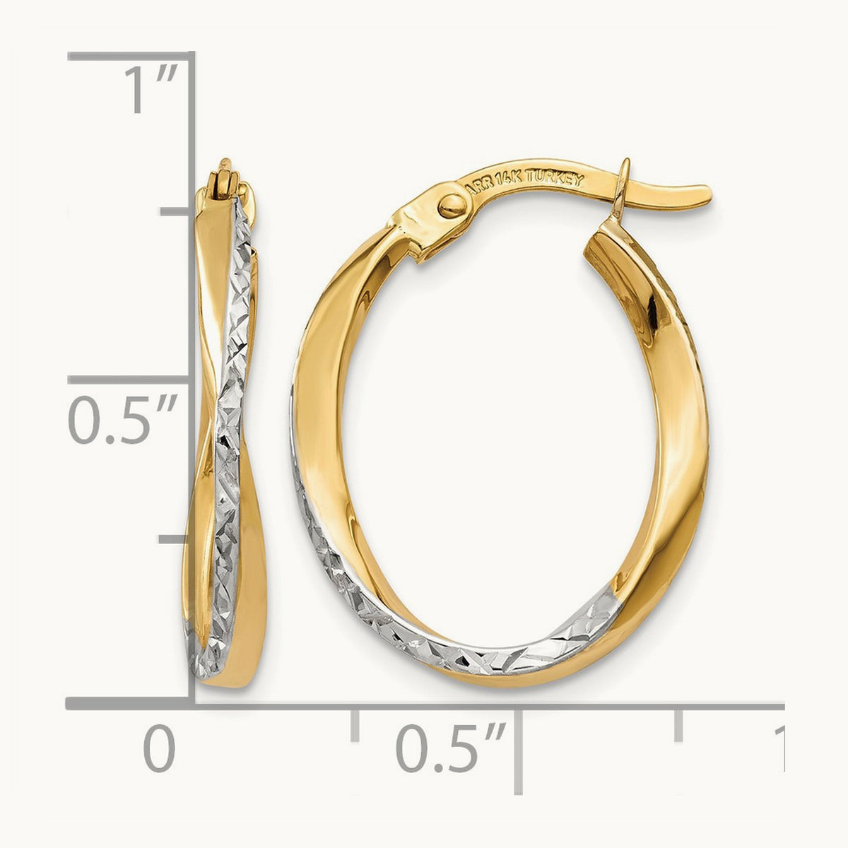 w/White Rhodium Textured and Polished Oval Hoop Earrings, 14K